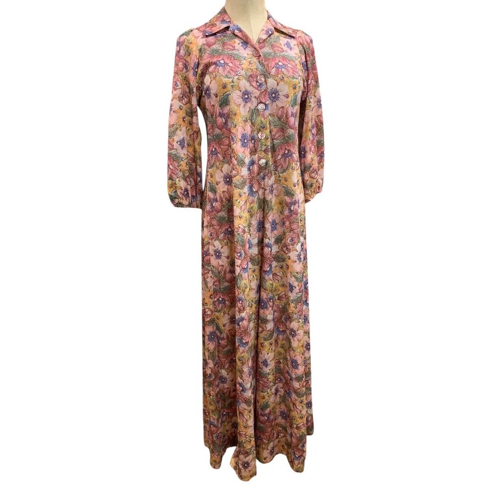 Large Custom Made by D. Wear‎ 1960s Pullover Floral Polyester Long Dress